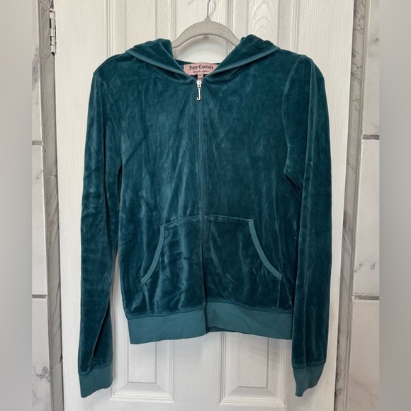 Juicy Couture Teal Velour Full Zip Up Women’s Hooded Jacket y2k - Picture 1 of 15